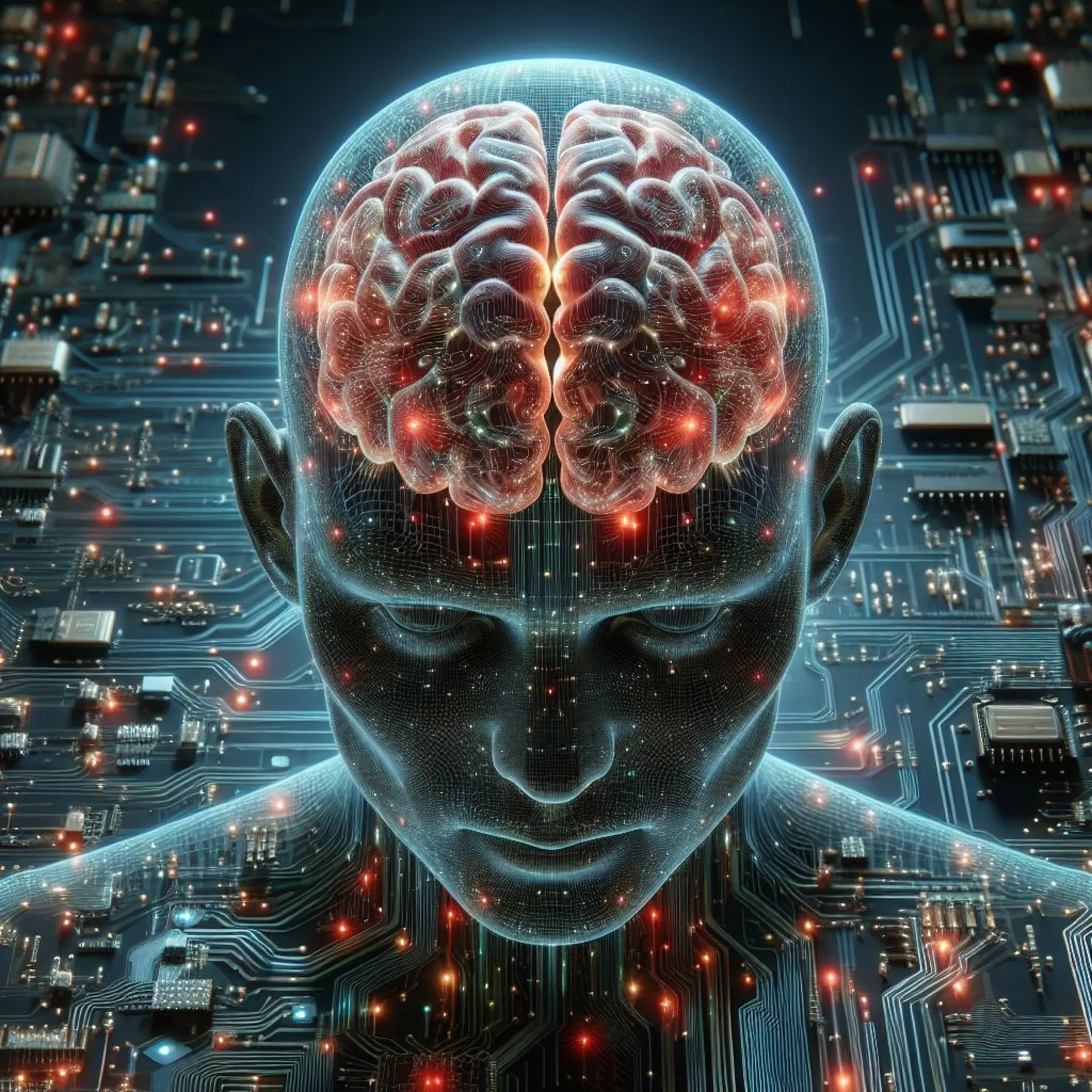A highly detailed digital illustration of a human-like figure with a glowing, transparent brain connected to an intricate network of circuitry. The brain is illuminated with vibrant red and orange lights, symbolizing neural activity, while the figure’s head and body seamlessly blend into a background of computer motherboard components and microchips. The image visually represents the fusion of human intelligence and artificial intelligence, or the concept of a cybernetic brain.